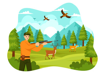 Naklejka premium Hunting Vector Illustration with Hunter Rifle or Weapon for Shooting to Birds or Wild Animals in the forest on Flat Cartoon Background Design