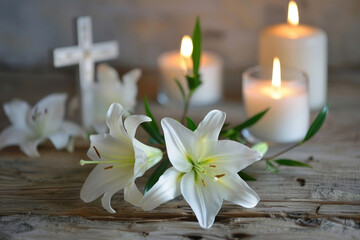 Fototapeta na wymiar Easter traditions' symbolism - candles, church bells, crosses, and lilies