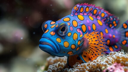  A photo of a close-up blue-and-orange fish with orange spots on its body, set against a backdrop of vibrant coral
