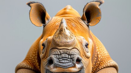 A close-up of a rhino's head on a light gray background with a gray backdrop