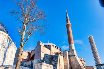 Istanbul, Turkey - March 21, 2024: Editorial: Hagia Sophia mosque in the morning against blue sky in spring in Istanbul, Turkey