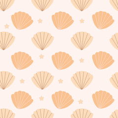 Fototapeta na wymiar Seamless pattern of pearl colored shells. Trendy cartoon seashell pattern for wrapping paper, wallpaper, stickers, laptop cases, children's books.