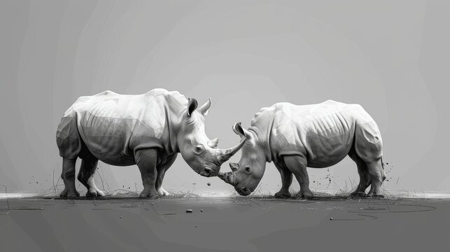  Two rhinos touch noses in black-and-white photo