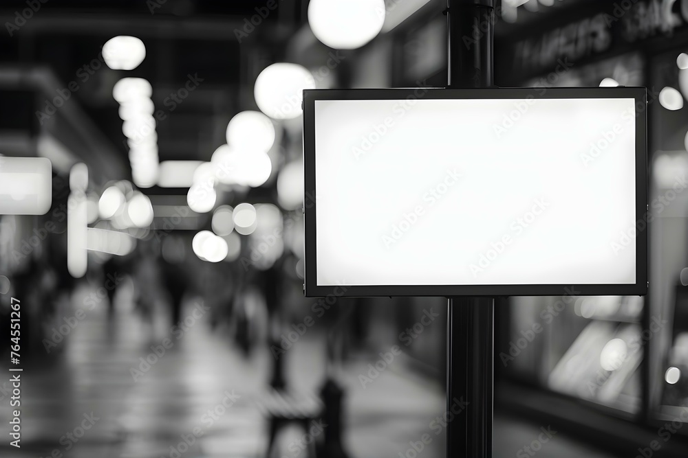 Poster blurred background in shopping center with modern digital media panel displaying blank black and whi