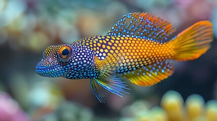  A zoomed-in photo of a blue-and-yellow fish swimming near colorful corals in crystal-clear water