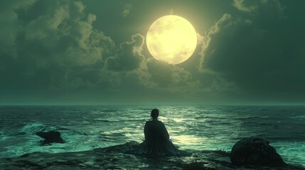  Man on rock in water with full moon