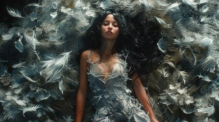  A woman with closed eyes amidst a sea of feathers against a monochromatic backdrop