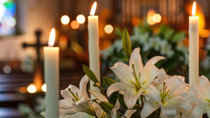 Easter traditions' symbolism - candles, church bells, crosses, and lilies - obrazy, fototapety, plakaty
