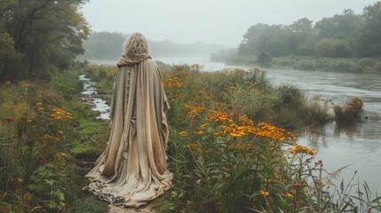  A statue of a woman stands in a field by water with yellow flowers in the foreground