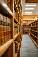 A law firm's library, filled with rows of legal texts, statutes, and reference materials, where attorneys conduct research and prepare for cases, Generative AI