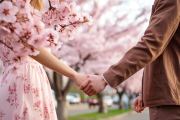 A person proposing with their hand on a city park street lined with blooming cherry blossoms in spring, with the partner gently blurred in the background.