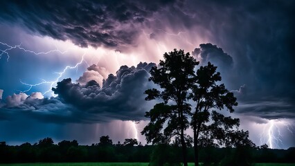 Thunderstorm over the forest. Nature composition. 