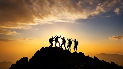 Fototapeta na wymiar silhouette of team of people on top of mountain at sunset
