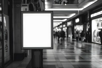 Mockup of a digital media panel with a blank black and white screen in a shopping center. Concept...