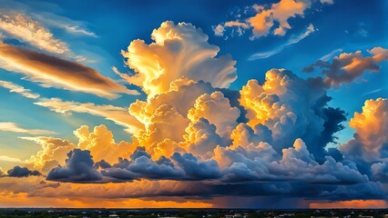Fototapeta premium colorful dramatic sky with cloud at sunset. Golden sunset over a serene landscape, casting vibrant hues across the sky.