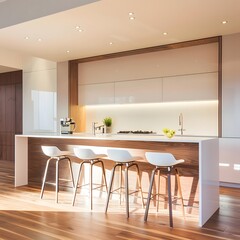 Luxurious kitchen interior in a new modern home with a stylish island and wooden floor, featuring a bright and minimalistic design with copy space.