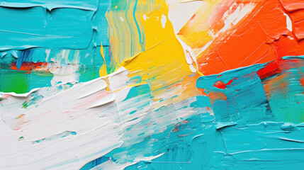 Closeup of multicolored pastel colours texture oil painting and palette knife on canvas. Abstract art blue, pink, green, orange background. Rough brushstrokes. Highly-textured, high quality details. 
