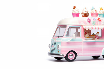 3d toy style ice cream van isolated on white background with space for text - 764553041