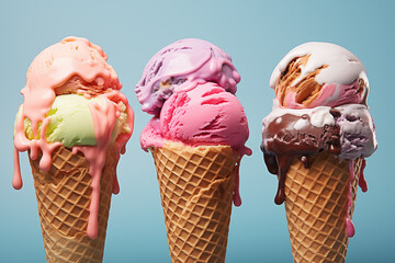 3 very appetizing ice cream cones with two scoops of ice cream each on a solid blue background - 764553069