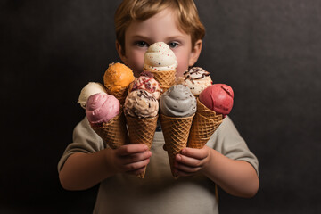 A child holds 9 ice cream cones in his hands without taking into account the unhealthy excess sugar. solid dark color background - 764553087