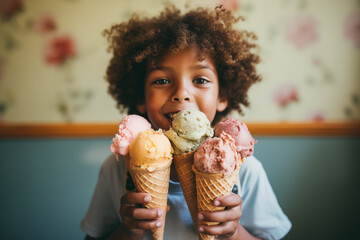 a handsome boy holds 5 ice creams in his hands ready to binge on azur bad for his health - obrazy, fototapety, plakaty