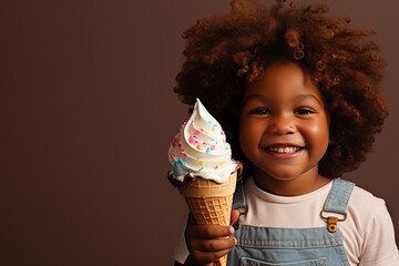 a handsome black boy with afro hair is happy with an ice cream in his hand on a solid brown background - obrazy, fototapety, plakaty