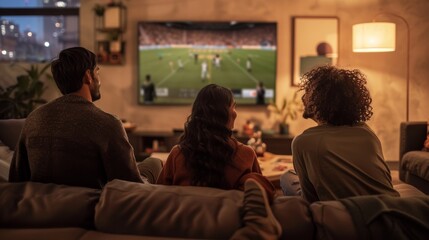 Three friends enjoy game on TV, comfy sofa, snacks, warm light. Cozy living room with people enjoying a game, snacks on the table.