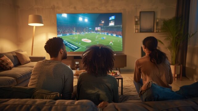 Three friends enjoy game on TV, comfy sofa, snacks, warm light. Cozy living room with people enjoying a game, snacks on the table.