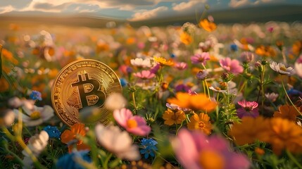 bitcoin on flower field, Cryptocurrency investment - obrazy, fototapety, plakaty