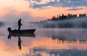 A silhouette of an angler in the boat, holding his fishing rod with both hands as he fishes at...