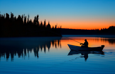 A silhouette of an angler in the boat, holding his fishing rod with both hands as he fishes at dawn