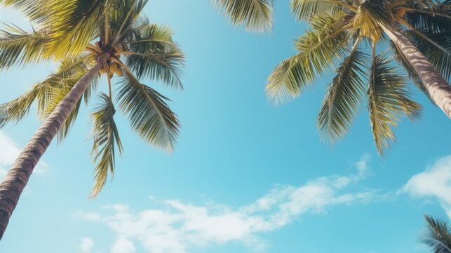 Blue sky and palm trees view from below, vintage style, tropical beach and summer background, travel concept