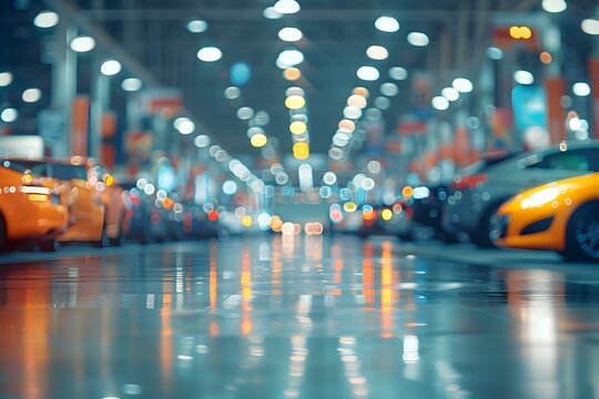 Blurred image of a trade exhibition hall with cars on display showcasing a commercial event. Concept Trade Exhibition, Cars on Display, Blurred Image, Commercial Event, Exhibition Hall