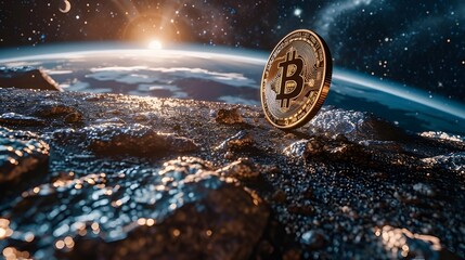 bitcoin in space, Cryptocurrency investment - obrazy, fototapety, plakaty