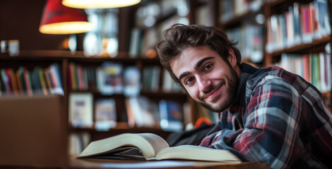 Friendly young man or student reads a book in a library or bookshop and looks friendly into the camera - topic reading, education and studying - 764553848