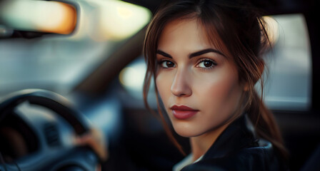 young attractive woman sitting at steering wheel in car and looking into camera - topic driving license and novice driver - 764553853