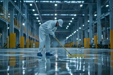 Obraz premium A man in a white suit cleans protective clothing in an empty warehouse with a mop. Concept Industrial Cleaning, Warehouse Sanitization, Protective Gear Maintenance, Hygiene Protocol, Workplace Safety