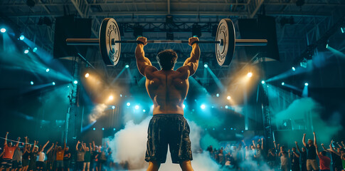 A power lifter lifting a barbell over his head in a competition - obrazy, fototapety, plakaty