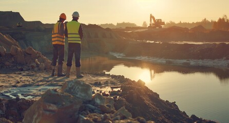 Two construction workers stand on a hill admiring a natural landscape of water, sky, and light. The tranquil lake below and vast horizon offer a peaceful escape from their work