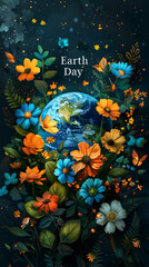 Obraz na płótnie Canvas Postcard with the inscription Earth Day concept of environmental protection. Against the backdrop of the planet and spring flowers.