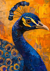 An artistic portrayal of a peafowl, a terrestrial bird in the family Phasianidae, showcasing its stunning blue feathers and a remarkably long neck - obrazy, fototapety, plakaty
