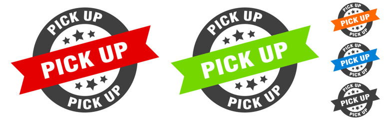 pick up stamp. pick up round ribbon sticker. tag