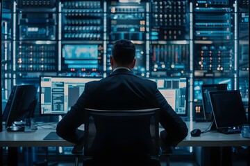A security expert keeps watch over computer screens in a network operations center adjacent to a server room. Concept Network Security, Operations Center, Server Room, Monitoring Screens - obrazy, fototapety, plakaty