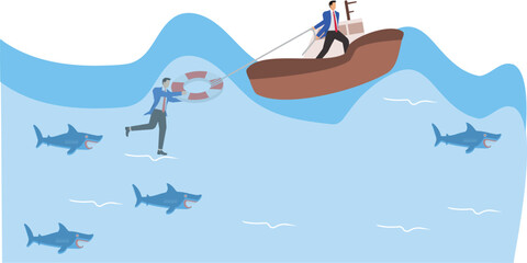 Business Rescue, Help and Rescue in Crisis, Solving Crisis and Safety Problems, Isometric Drowning Desperate Businessmen Getting Rescued by Lifebuoys