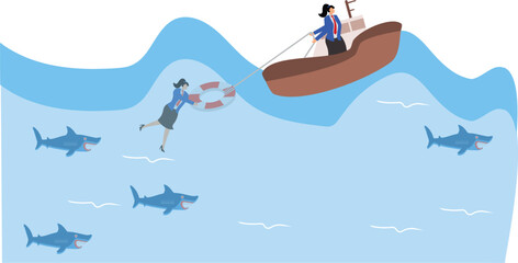 Business Rescue, Help and Rescue in Crisis, Solving Crisis and Safety Problems, Isometric Drowning Desperate Businesswomen Getting Rescued by Lifebuoys