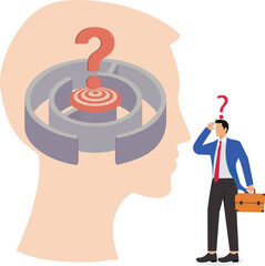 Brain Maze, Mental Problems, Mental Health and Illness, Thoughts on Anxiety and Problems, Isometric Anxiety Disturbed Businessman Looks Inside the Brain Maze and Asks Questions