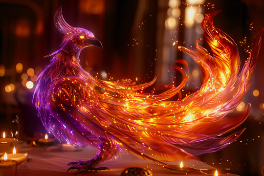 hologram of a transparent mythical phoenix glowing with ethereal radiance.