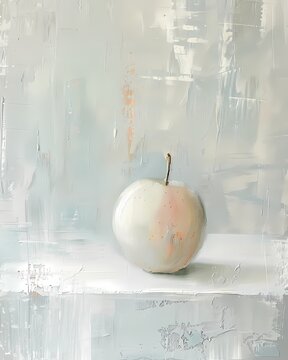 Oil painting of white apple on a smooth surface, set against a minimalist white and grey background,art work for wall art, home decor and wallpaper 