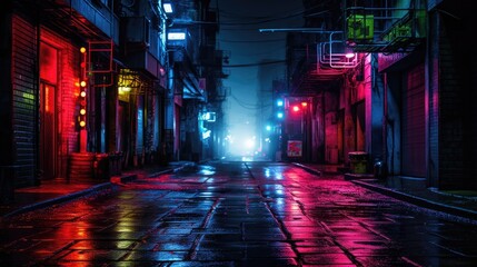 Dark street in cyberpunk city, gloomy alley with neon lighting - obrazy, fototapety, plakaty