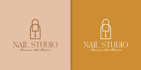 Collection of Nail studio Logos, nail salons, nail polish bottles with branches, and women's hands.